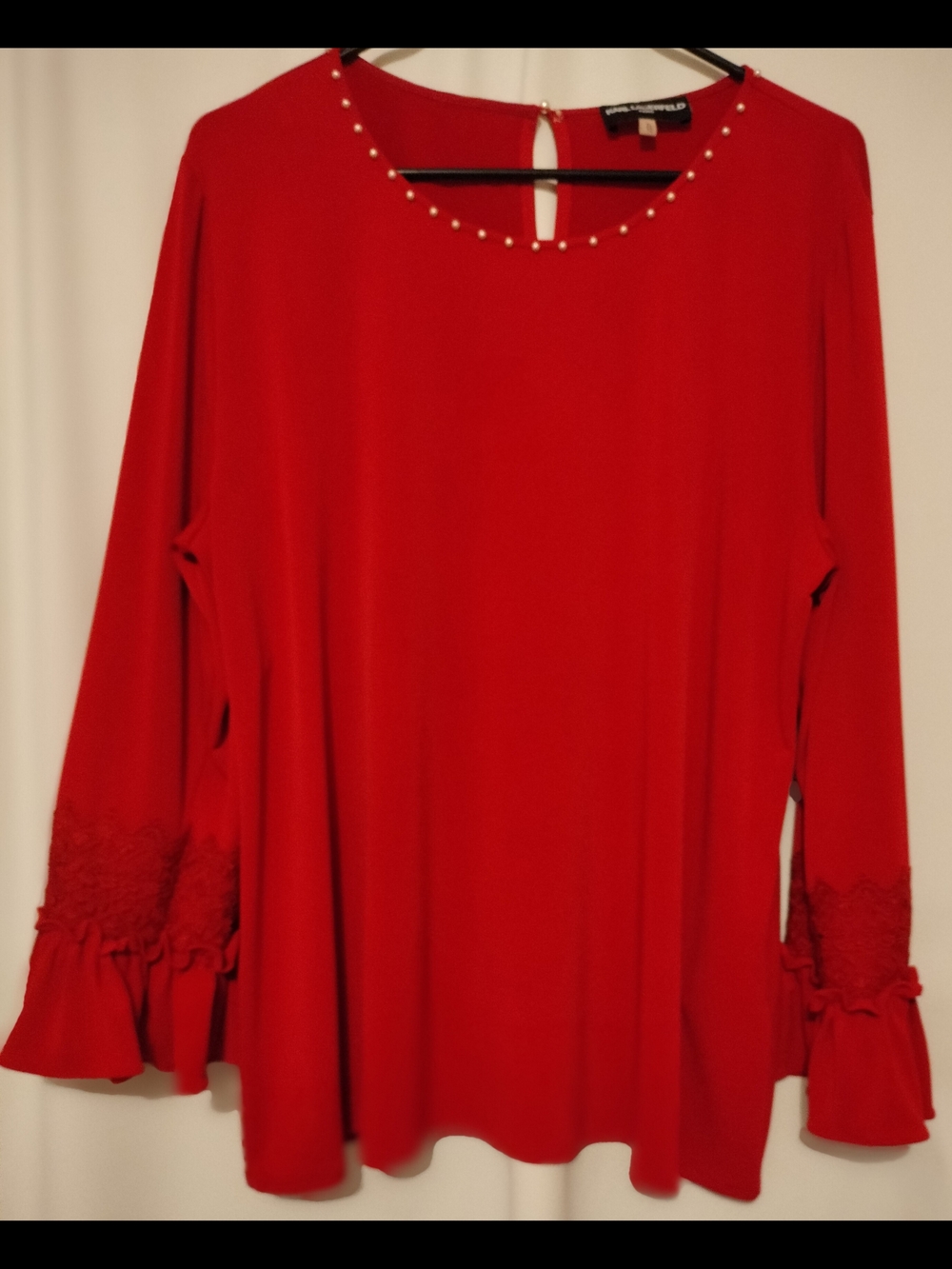 Karl Lagerfeld Paris Red Pearl Accent Lace Bell Sleeve Blouse Size XL